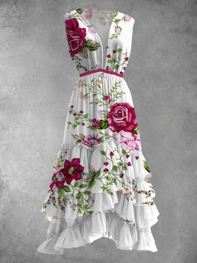Floral Art Print V-Neck Retro Elegant Sleeveless Prom Dress