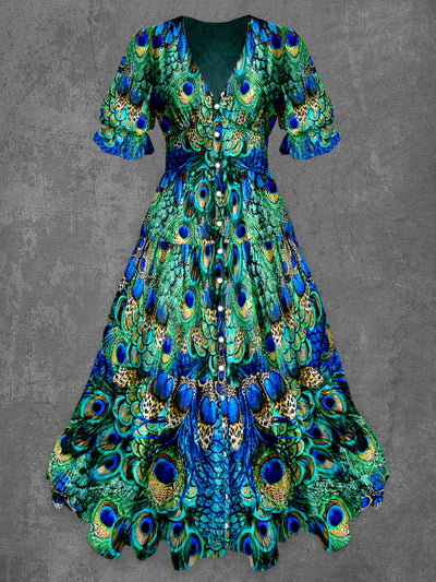 Peacock Feather Art Print Chic V-Neck Button Up Short Sleeve Midi Dress