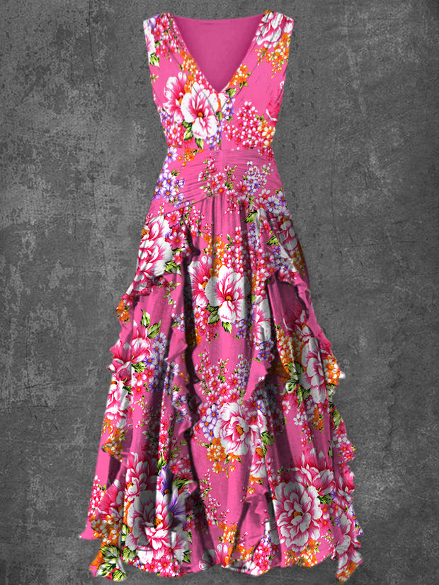 Floral Art Print Vintage V-Neck Elegant Chic Sleeveless Maxi Dress