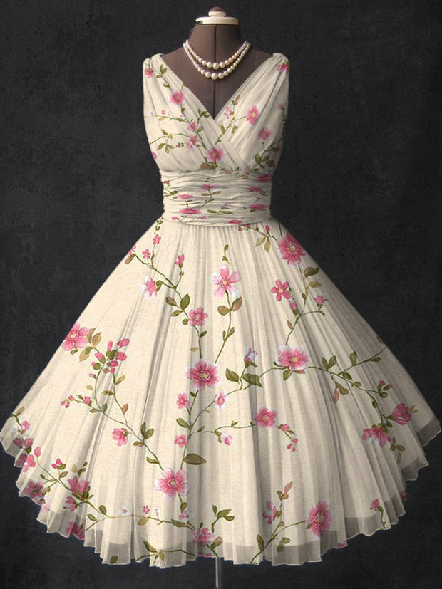 Floral Print V-Neck Vintage Fashion Sleeveless Multilayer Midi Dress