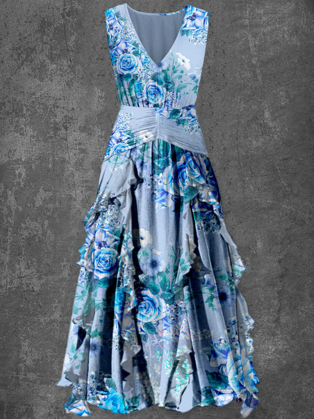 Floral Art Print Vintage V-Neck Elegant Chic Sleeveless Maxi Dress