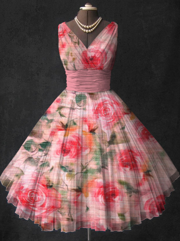 Floral Print V-Neck Vintage Fashion Sleeveless Multilayer Midi Dress