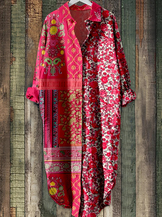 Retro Floral Art Printed Elegant Vintage Lapel Loose Long Sleeve Midi Shirt Dress