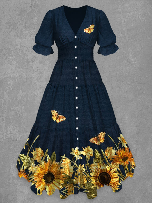 Retro Floral Art Print Chic V-Neck Button Up Short Sleeve Midi Dress