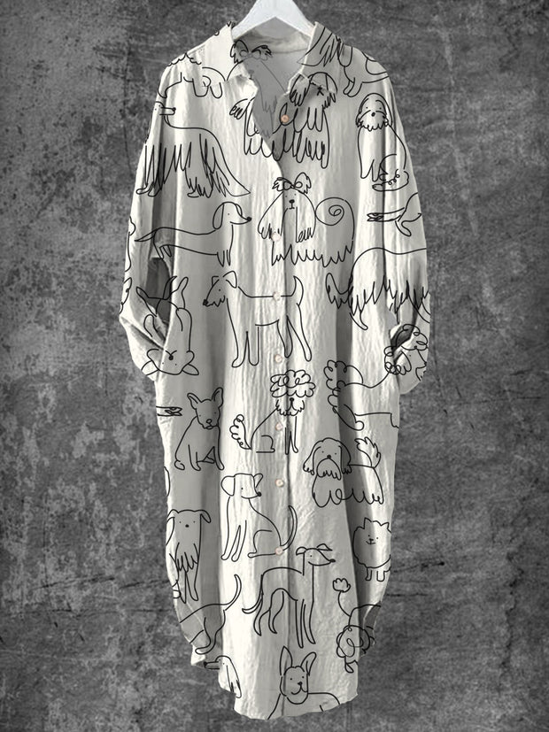 Vintage Line Puppy Art Print Chic Long Sleeve Casual V-Neck Button Loose Shirt Dress