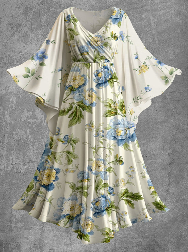 Vintage Floral Print Bat Sleeve V-Neck Elegant Chic Flowy Midi Dress