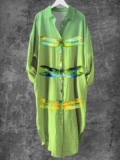 Vintage Dragonfly Art Print Chic Long Sleeve Casual V-Neck Button Loose Shirt Dress