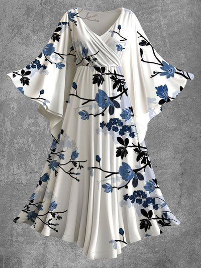 Vintage Floral Print Bat Sleeve V-Neck Elegant Chic Flowy Midi Dress