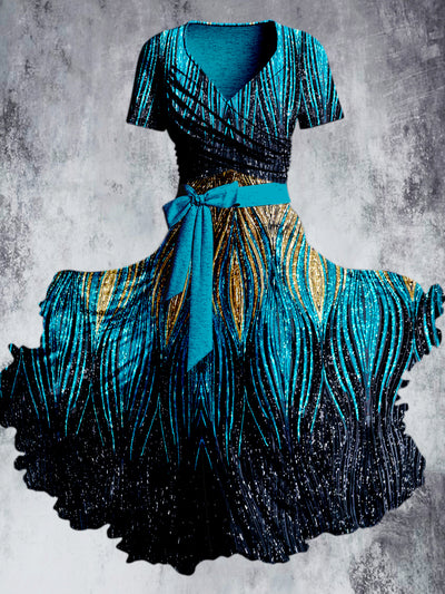 Glitter Art Print Vintage V-Neck Short Sleeve Two-Piece Midi Dress