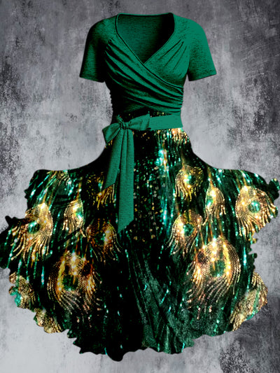 Peacock Feather Art Print Vintage V-Neck Short Sleeve Two-Piece Midi Dress
