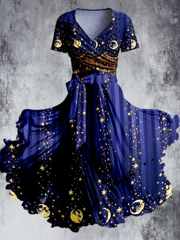 Glitter Moon Star Art Print Vintage V-Neck Short Sleeve Two-Piece Midi Dress