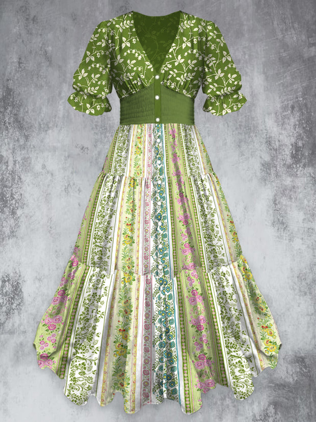 Floral Art Print Elegant V-Neck Vintage Chic Short Sleeve Maxi Dress