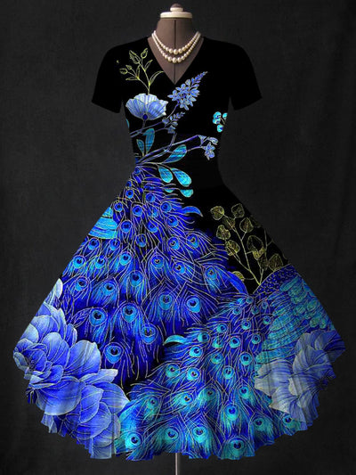 Peacock Feather Print V-Neck Elegant Vintage Short Sleeve Midi Dress