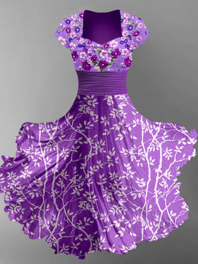Floral Art Print V-Neck Vintage Chic Short Sleeve Midi Dress