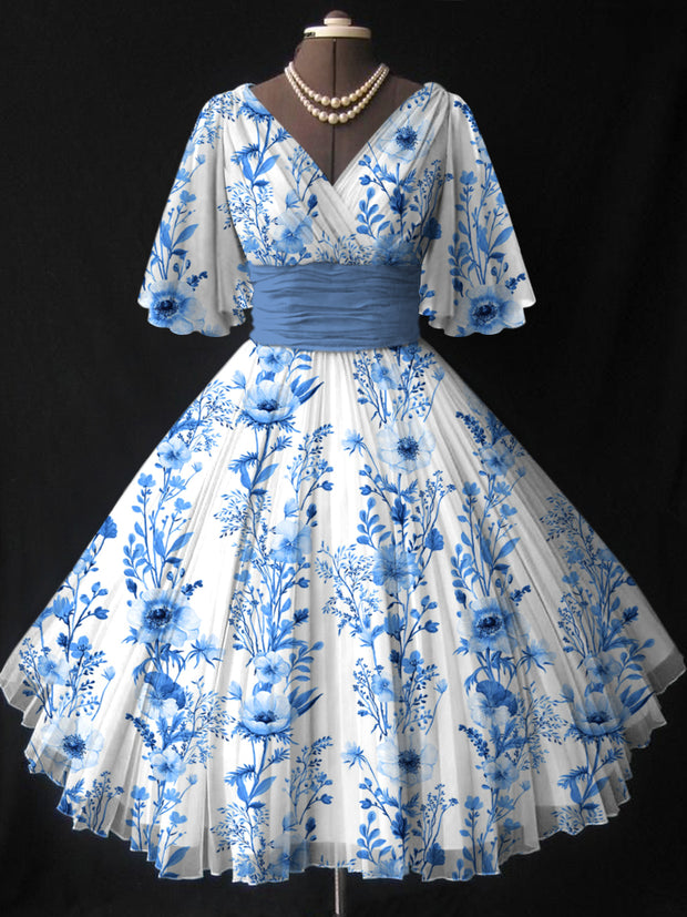 Floral Art Print V-Neck Elegant Vintage Short Sleeve Midi Dress