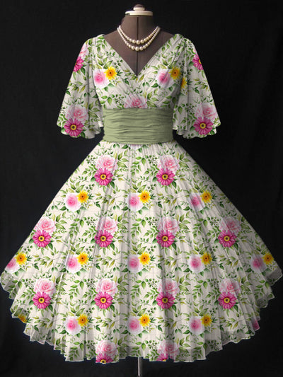Floral Art Print V-Neck Elegant Vintage Short Sleeve Midi Dress