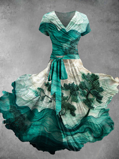 Gradient Marble Art Print Vintage V-Neck Short Sleeve Two-Piece Midi Dress