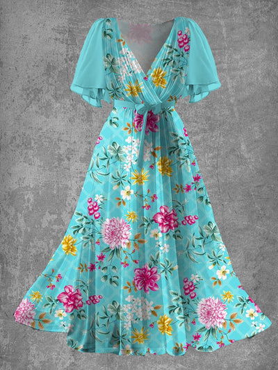 Vintage Floral Print Elegant V-Neck Chic Short Sleeve Midi Dress