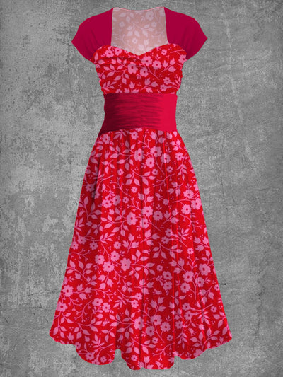 Vintage Floral Print Short Sleeve Elegant Chic Midi Dress