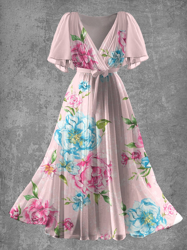Vintage Floral Print Elegant V-Neck Chic Short Sleeve Midi Dress