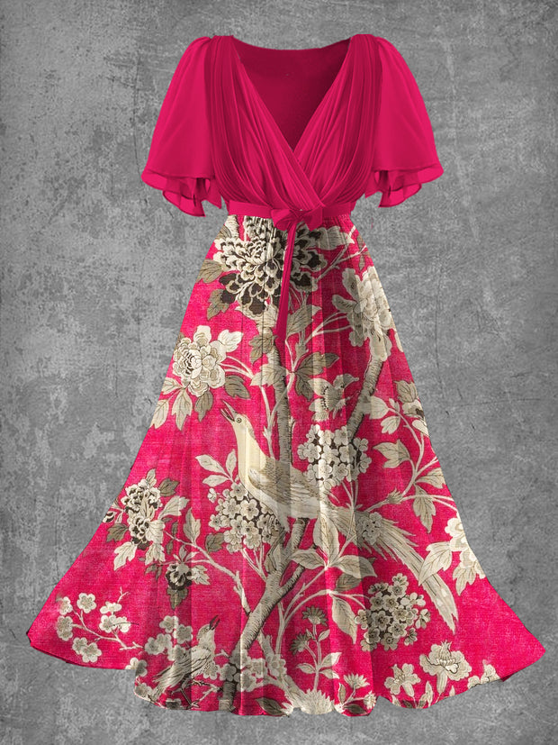 Vintage Boho Floral Print Elegant V-Neck Chic Short Sleeve Midi Dress