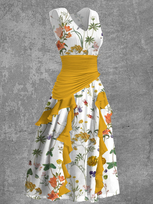 Vintage Floral Print V-Neck Elegant Chic Sleeveless Midi Dress