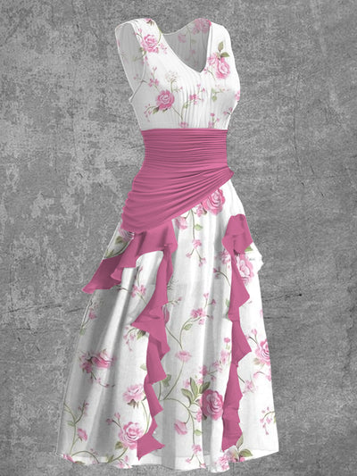 Floral Print V-Neck Vintage Elegant Chic Sleeveless Midi Dress