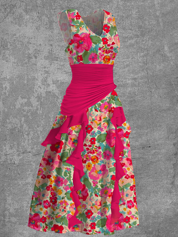 Floral Print V-Neck Vintage Elegant Chic Sleeveless Midi Dress