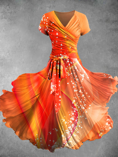 Gradient Color Print Vintage V-Neck Short Sleeve Two-Piece Midi Dress