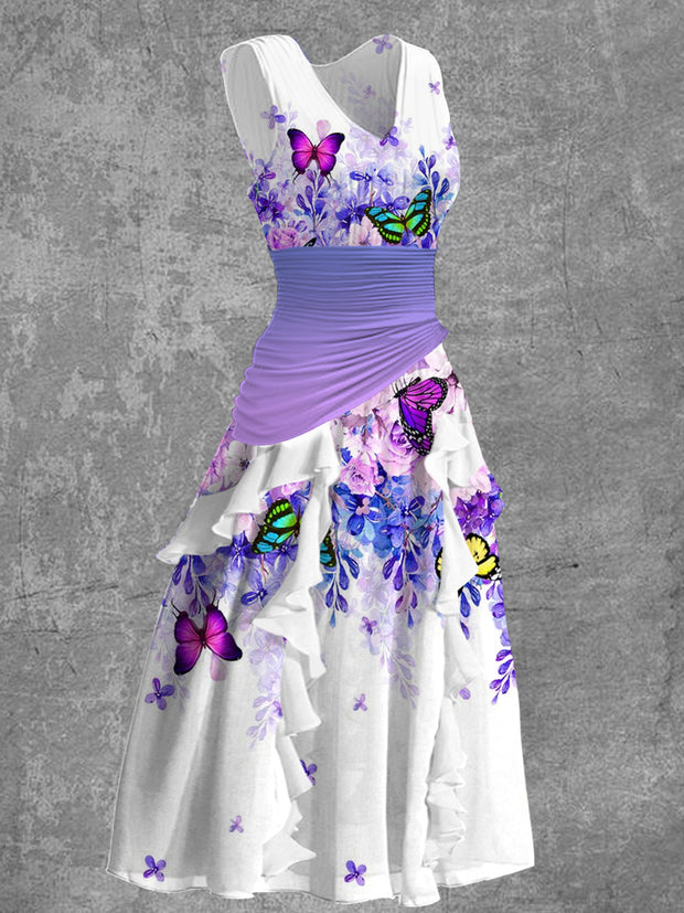 Butterfly Print V-Neck Vintage Elegant Chic Sleeveless Midi Dress