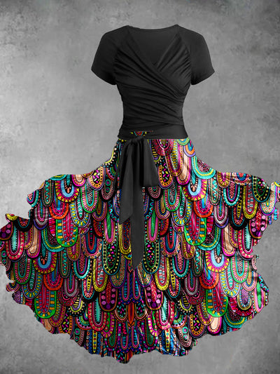 Boho Art Print Vintage V-Neck Short Sleeve Two-Piece Midi Dress