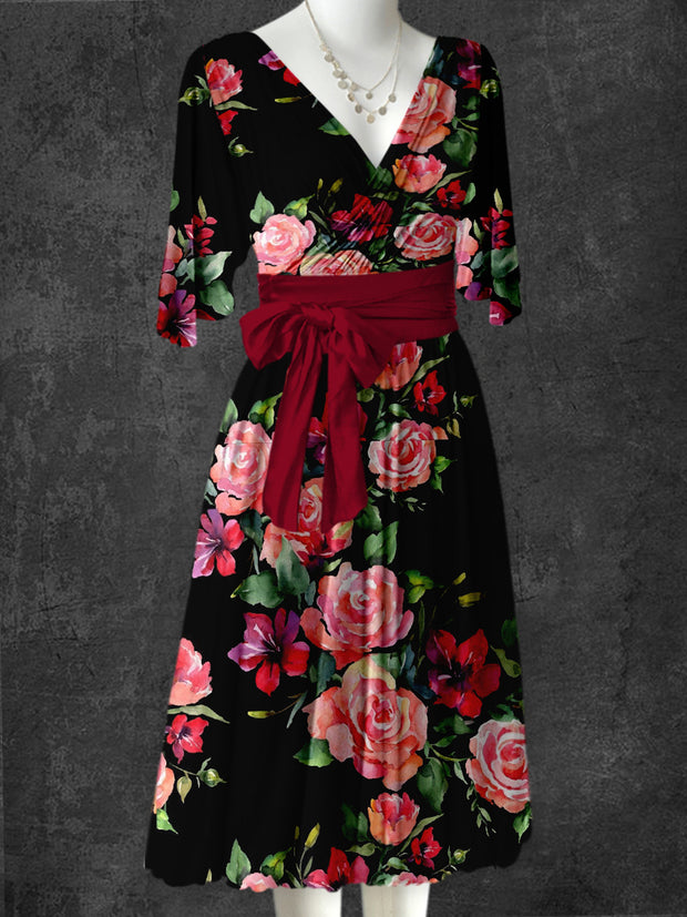 Floral Art Print V-Neck Vintage Chic Strap Short Sleeve Midi Dress