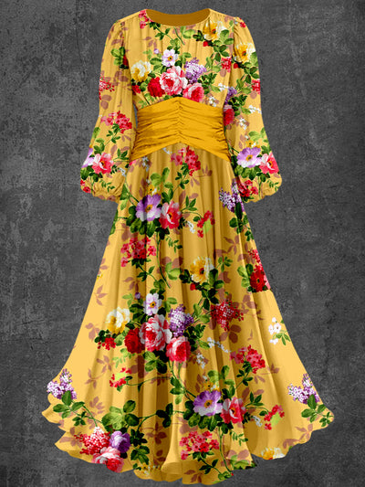 Retro Floral Art Print Elegant Chic Round Neck Long Sleeve Midi Dress