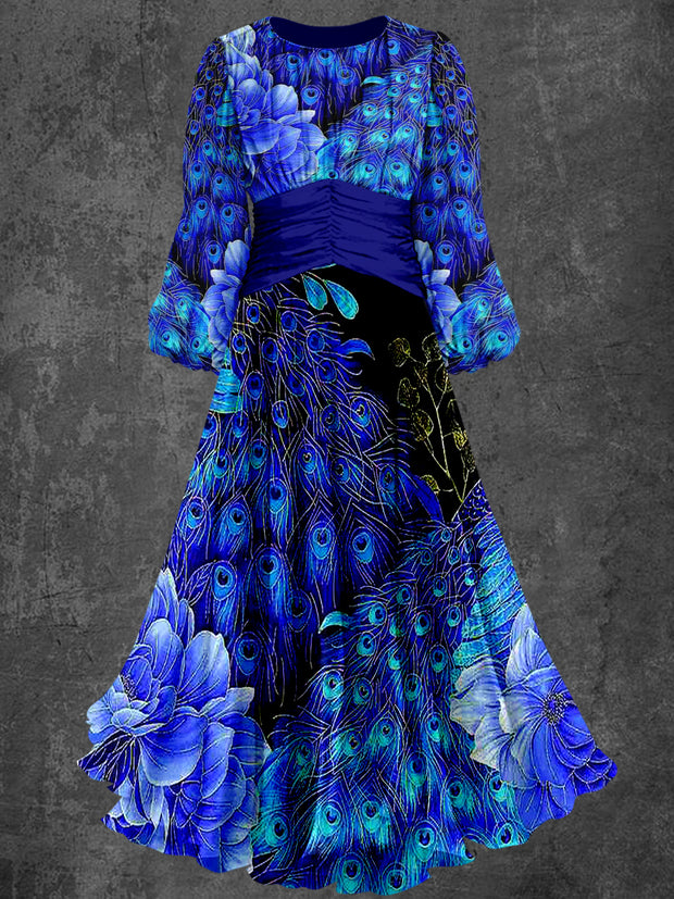 Peacock Feather Print Elegant Chic Round Neck Long Sleeve Retro Midi Dress