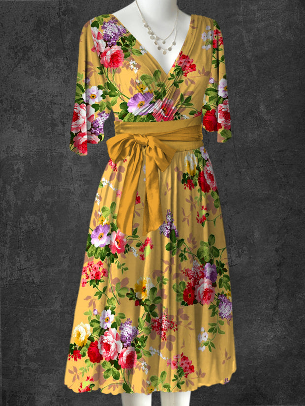 Floral Art Print V-Neck Vintage Chic Strap Short Sleeve Midi Dress