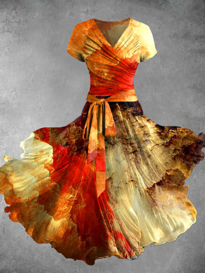 Gradient Marble Art Print Vintage V-Neck Short Sleeve Two-Piece Midi Dress