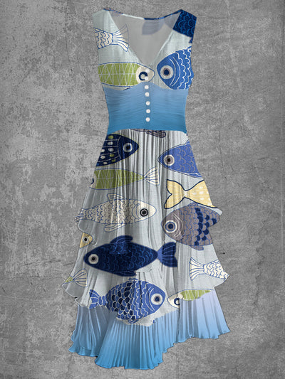 Fish Art Print Sleeveless V-Neck Button Up Retro Midi Dress