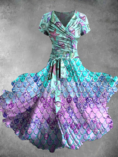 Gradient Fish Scale Art Print Vintage Short Sleeve Two-Piece Midi Dress