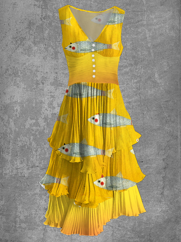 Fish Art Print Sleeveless V-Neck Button Up Retro Midi Dress