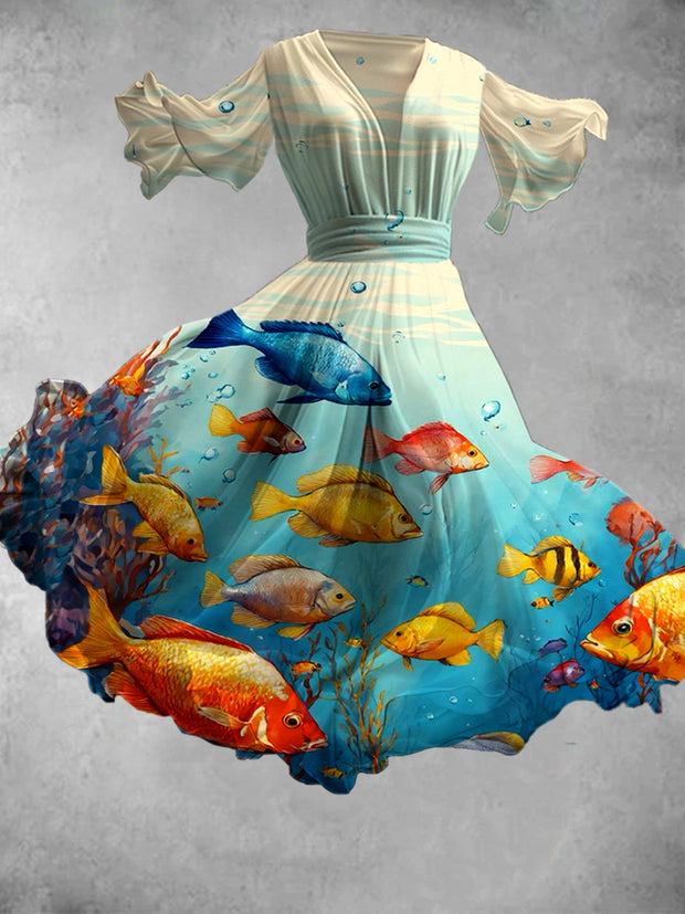 Vintage Fish Art Print V-Neck Elegant Chic Short Sleeve Flowy Midi Dress