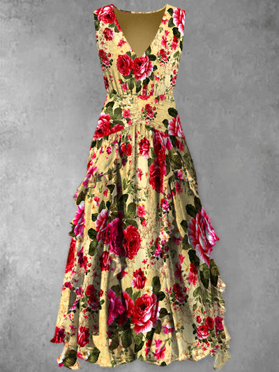 Vintage Floral Art Print V-Neck Chic Sleeveless Maxi Dress