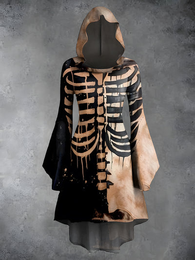 Halloween Skull Print Vintage Trumpet Sleeve Hooded Dress