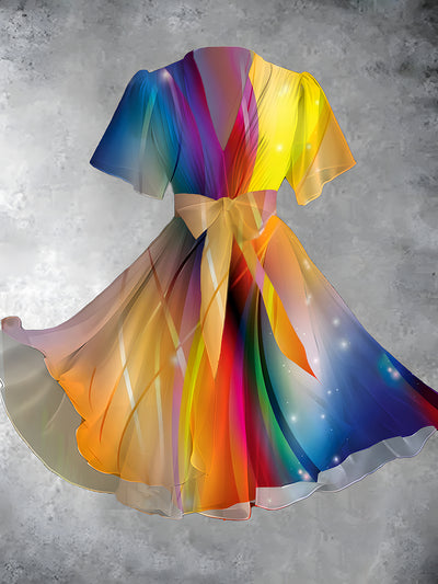 Aurora Art Print V-Neck Vintage Chic Short Sleeve Flowy Midi Dress