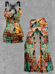 Boho Floral Print Tank Top Yoga Pants Vintage Two-Piece Sets