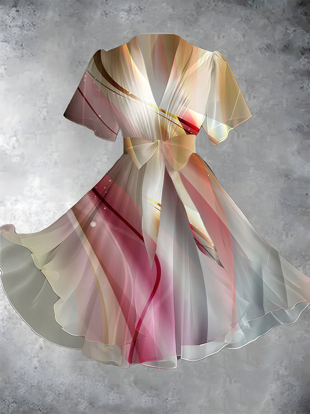 Aurora Art Print V-Neck Vintage Chic Short Sleeve Flowy Midi Dress