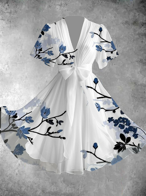 Vintage Floral Art Print V-Neck Elegant Chic Short Sleeve Flowy Midi Dress