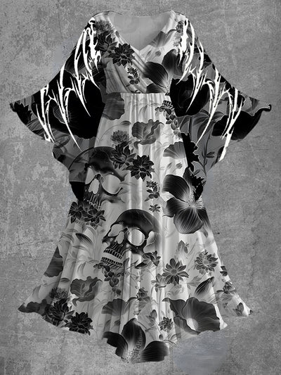 Halloween Punk Skull Print Bat Sleeve V-Neck Vintage Flowy Midi Dress