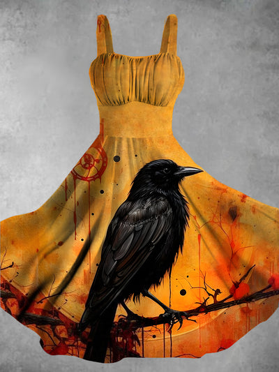 Halloween Crow Art Print Chic Sleeveless Retro Midi Dress