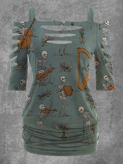 Halloween Skeleton Art Print Short Sleeve Retro Top