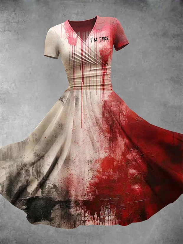 Halloween Blood Art Print Vintage V-Neck Short Sleeve Midi Dress